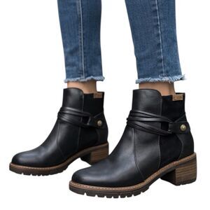 Pikolinos Black Leather Ankle Strap Block Heel Zip Booties EU 36 Womens 6